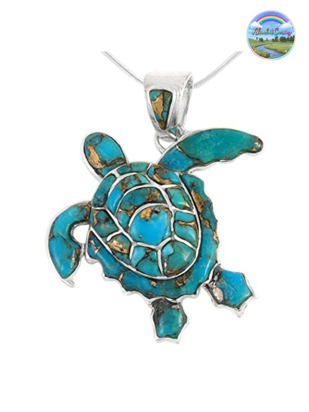 Turtle Pendant Necklace in Sterling Silver 925 with Genuine Turquoise